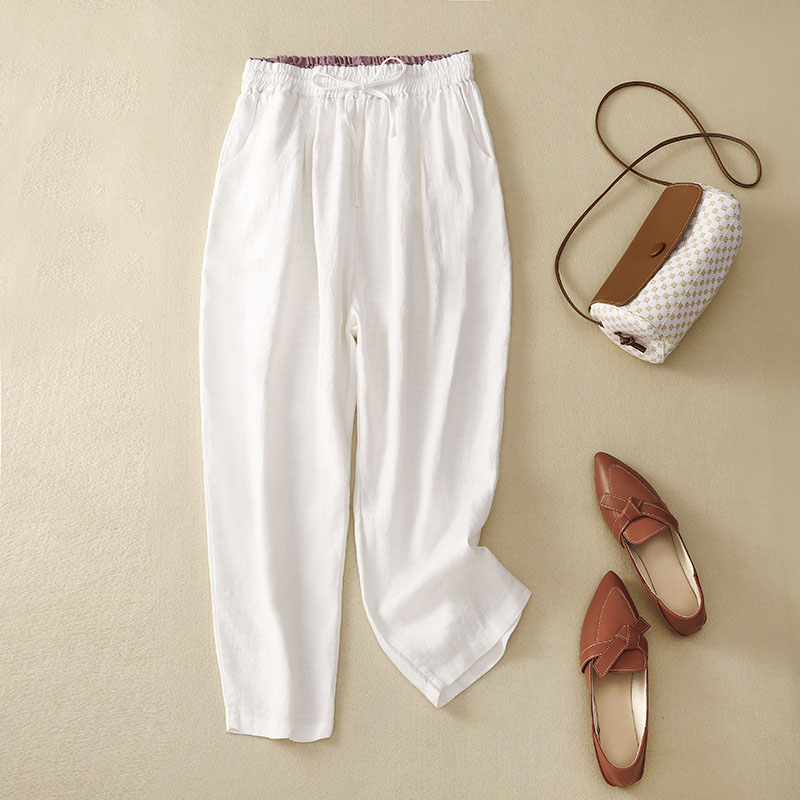 Cotton linen tie casual cropped pants-Neogeekshirts:luchamp