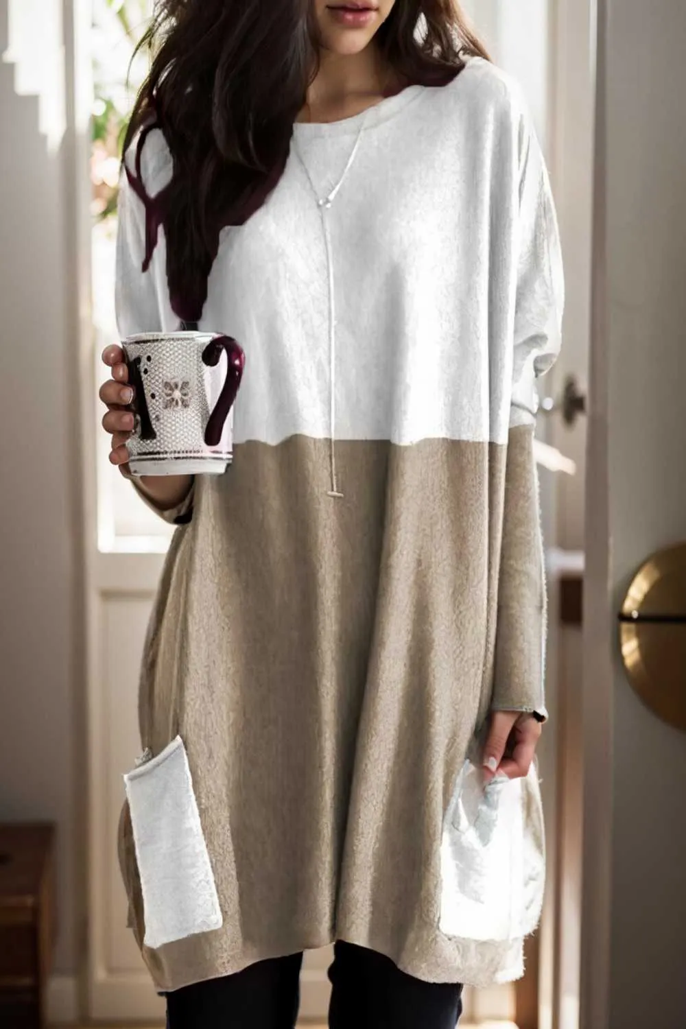 two color stitching pocket loose long sleeve t shirt