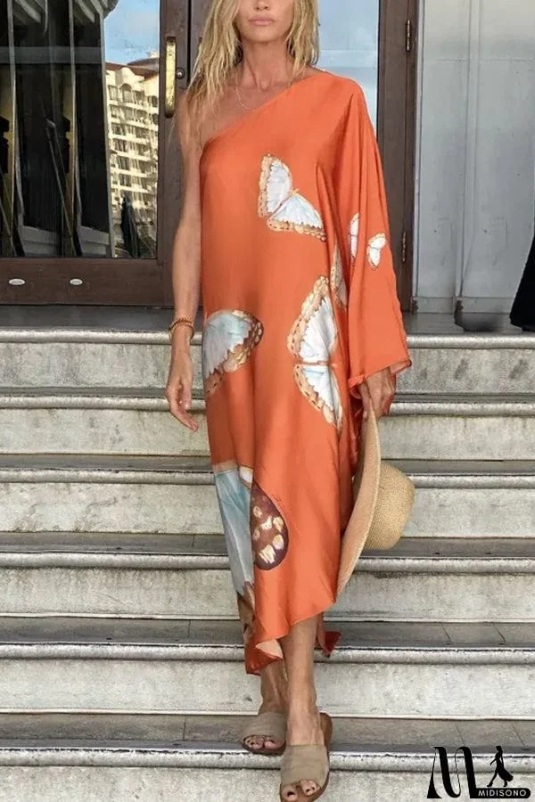 MidiSono - Floral Print One Shoulder Maxi Dress