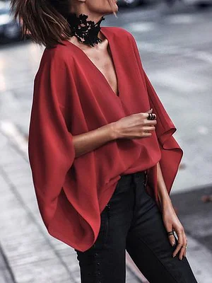 Image of Loose Batwing Sleeves Solid Color V-Neck Blouses&Shirts Tops