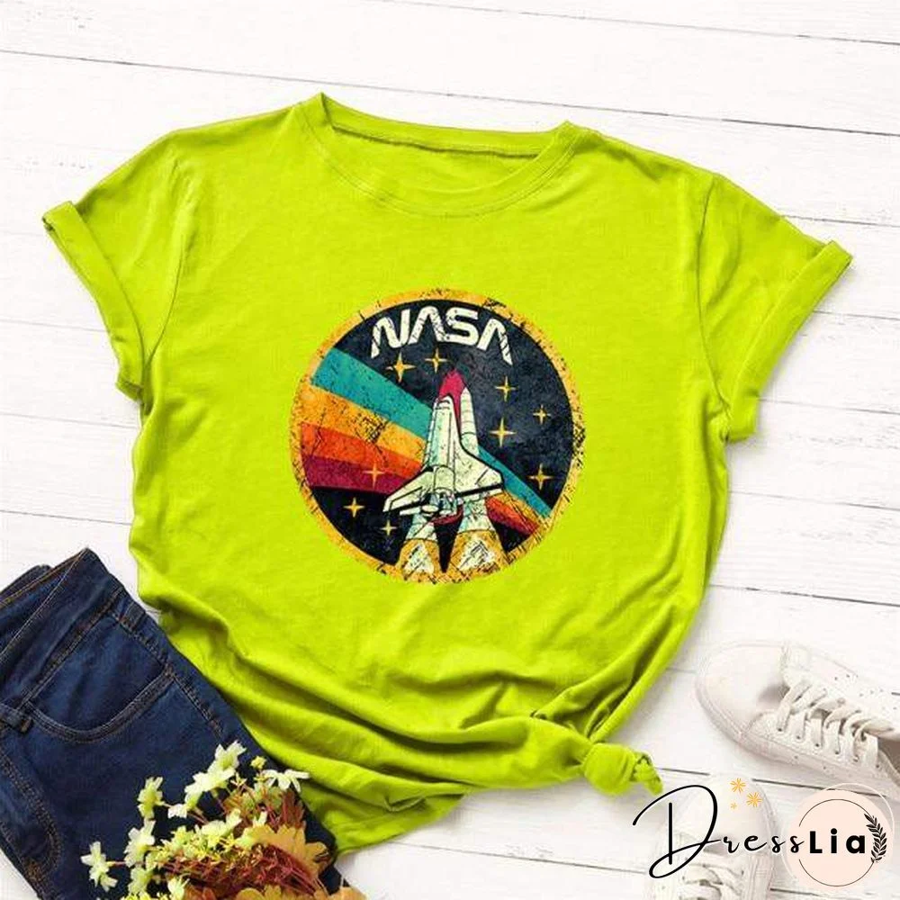 Summer Plus Size Shirt S-5XL New ROCKET Print TShirt Women 100%Cotton O Neck Short Sleeve Tees Casual Tops Woman TShirts