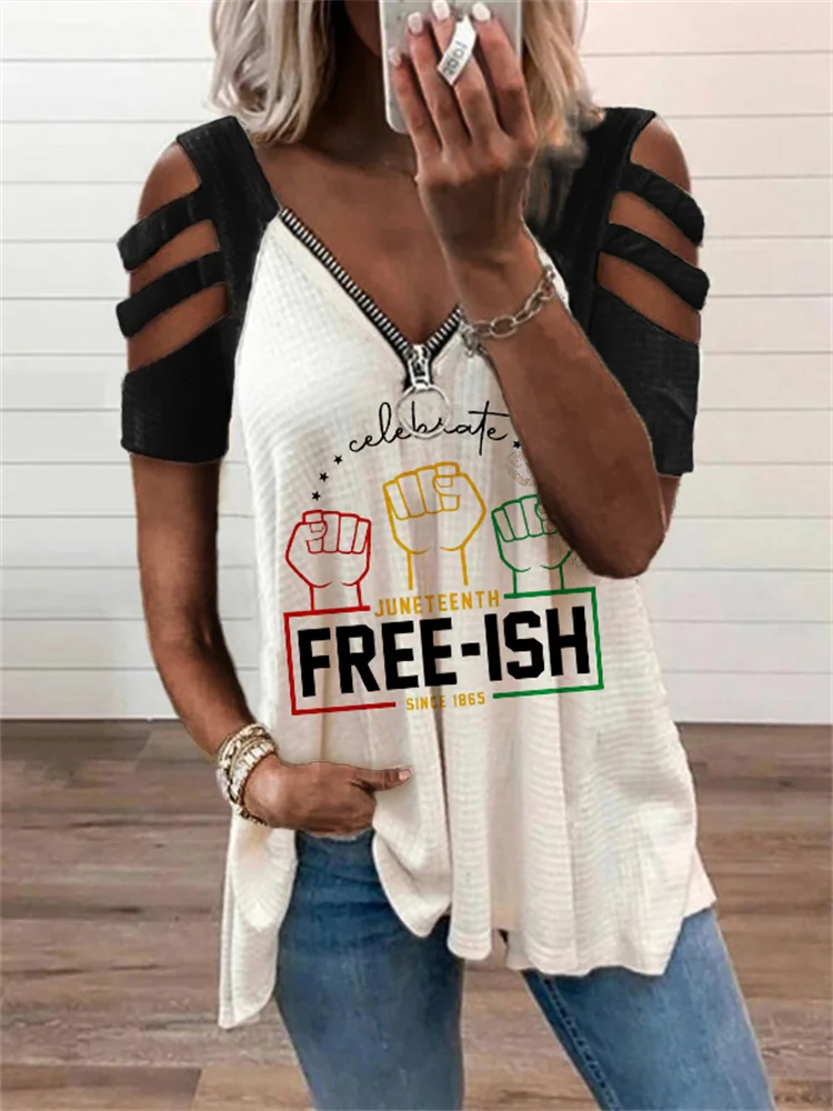 Juneteenth Freeish Hollow Shoulder T Shirt