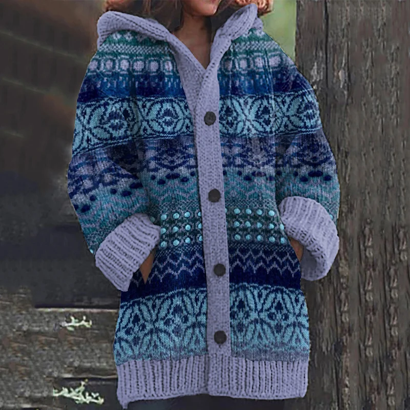 Iceland Snowflake Polka Dot Jacquard Button Down Hooded Sweater Cardigan