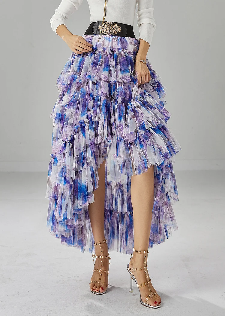 Purple Print Tulle Skirt Asymmetrical Exra Large Hem Fall