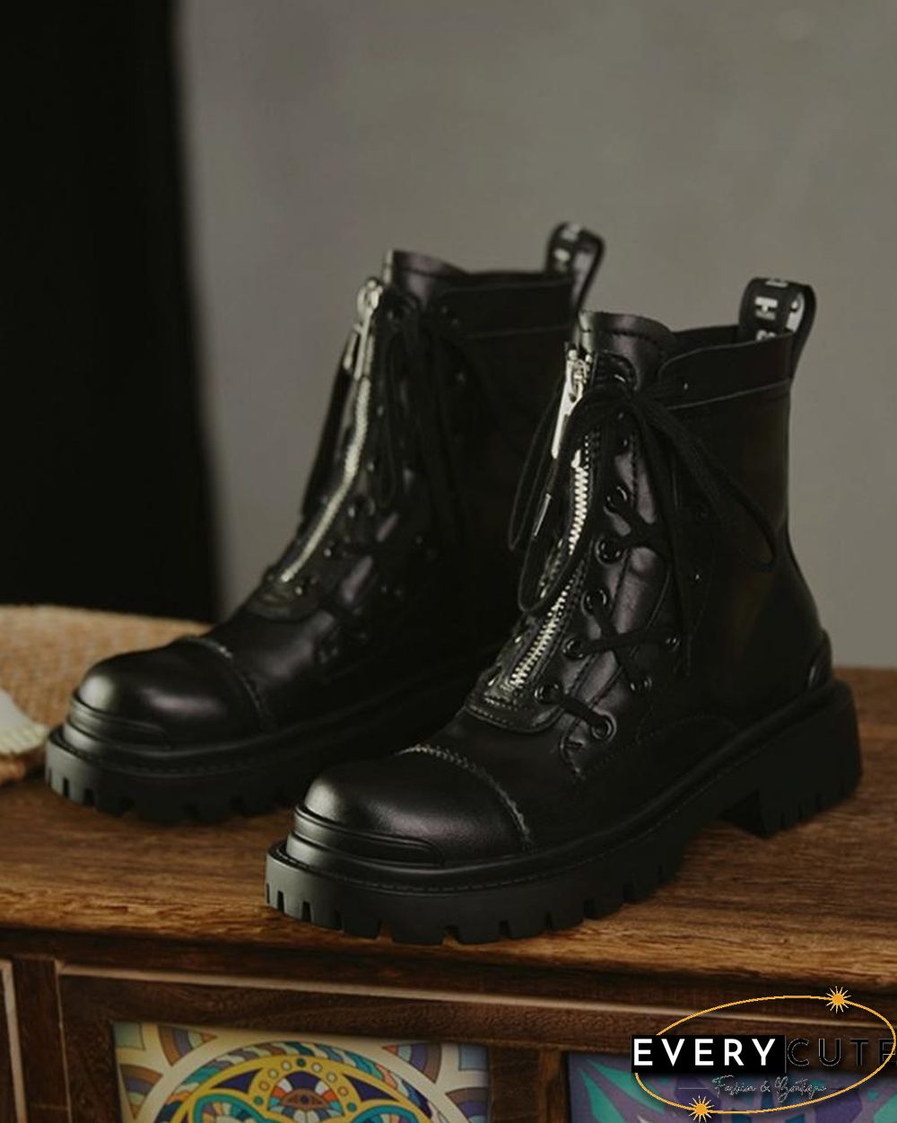 Color Patchwork Round-toe Lace-up Boots
