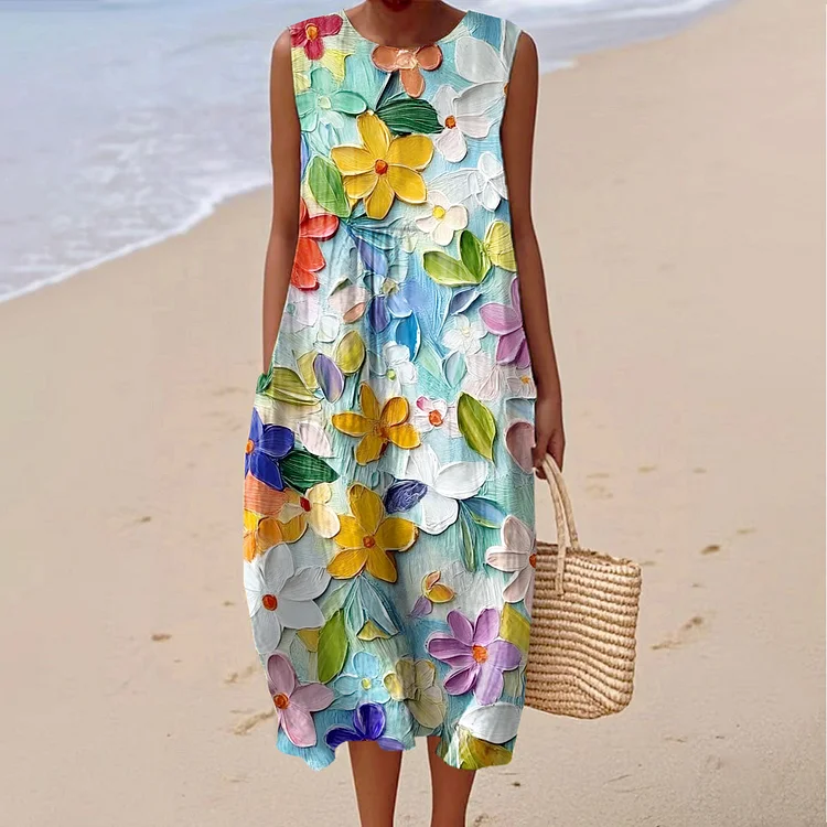 Women's Vintage Flower Art Print Sleeveless Cotton Pocket Wrap Dress