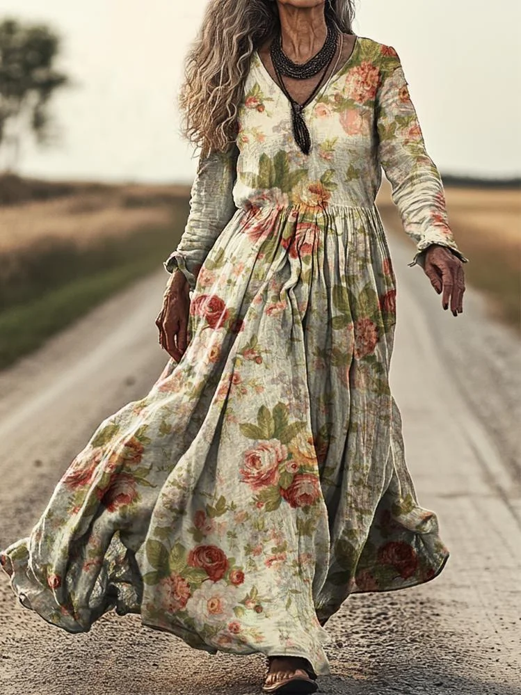 Women's Vintage Floral Print Casual V-Neck Pocket Cotton Dress