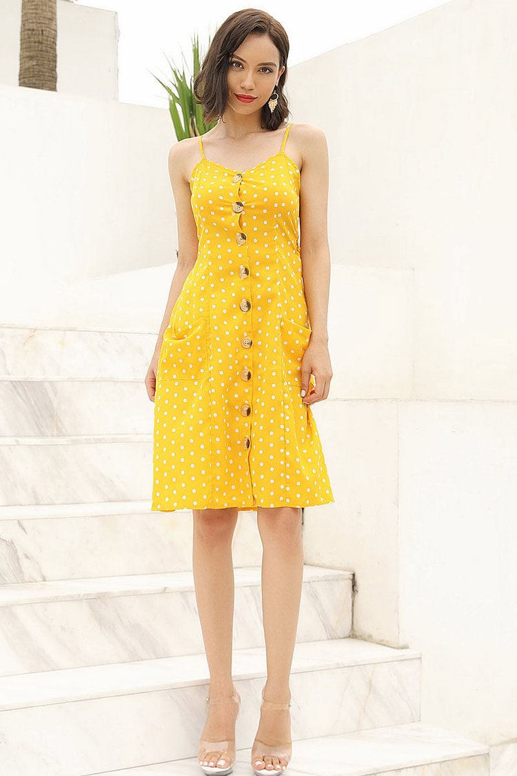 Yellow Polka Dot Single Breasted Lace-Up Pocketed Dress - Shop Trendy Women's Clothing | LoverChic