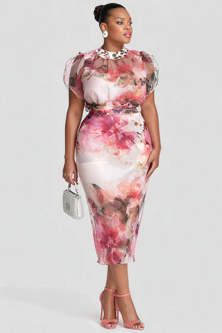 Xpluswear Design Plus Size Cocktail Party Pink Floral Round Neck Short Sleeve Ruffle Bodycon Chiffon Midi Dresses [Pre-Order] 2024 - Xpluswear