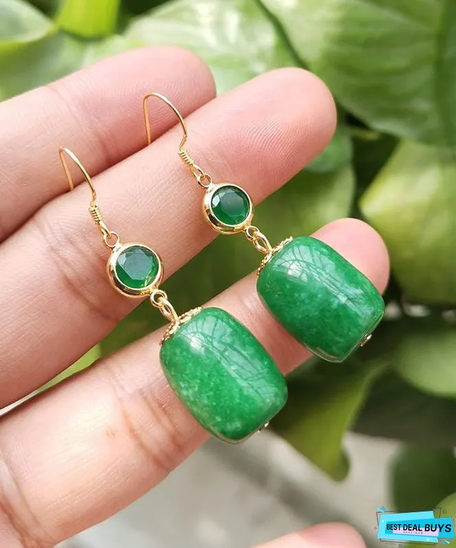 Unique Sterling Silver Overgild Dry Green Jade Drop Earrings