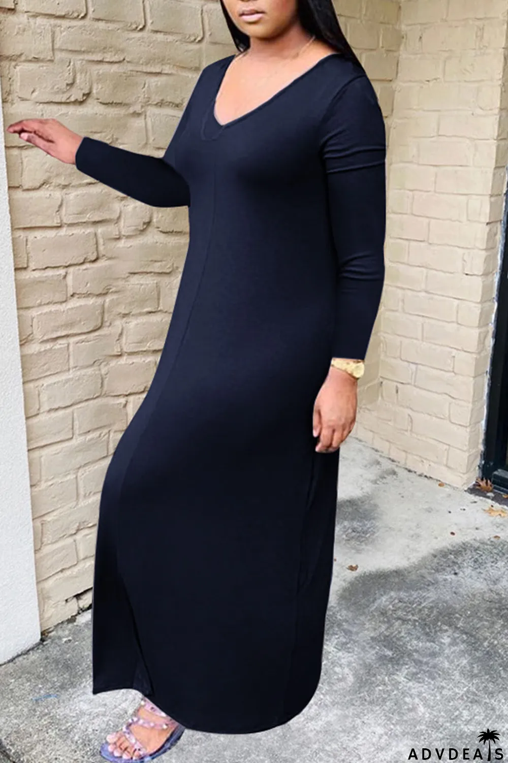 Grey Casual Solid Patchwork V Neck Long Sleeve Plus Size Dresses