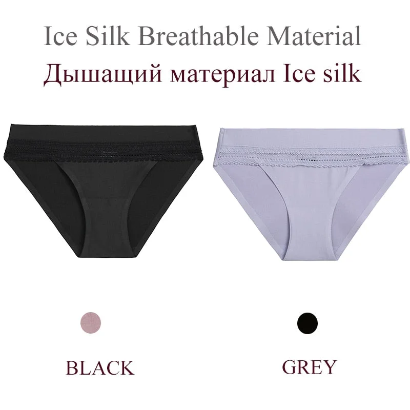 FINETOO 2PCS/Set Woman Lace Sexy Panties Ice Silk Women Underwear Seamless Low-Rise Lingerie Female Breathable Girls Panty 2021