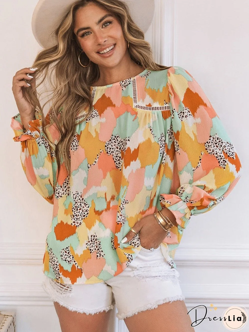 Pink Abstract Shift Blouse with Puffy Sleeves