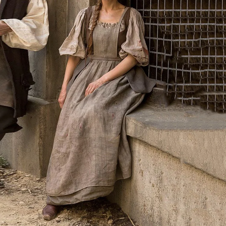 Retro Medieval Solid Cotton And Linen Maxi Dress