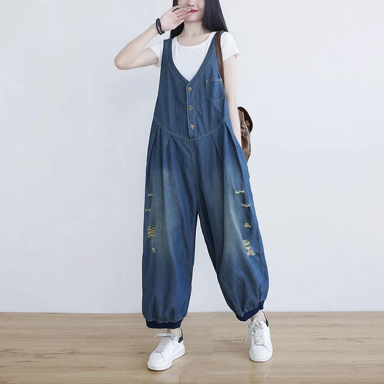 Loose Denim Sleeveless V-Neck Jumpsuit