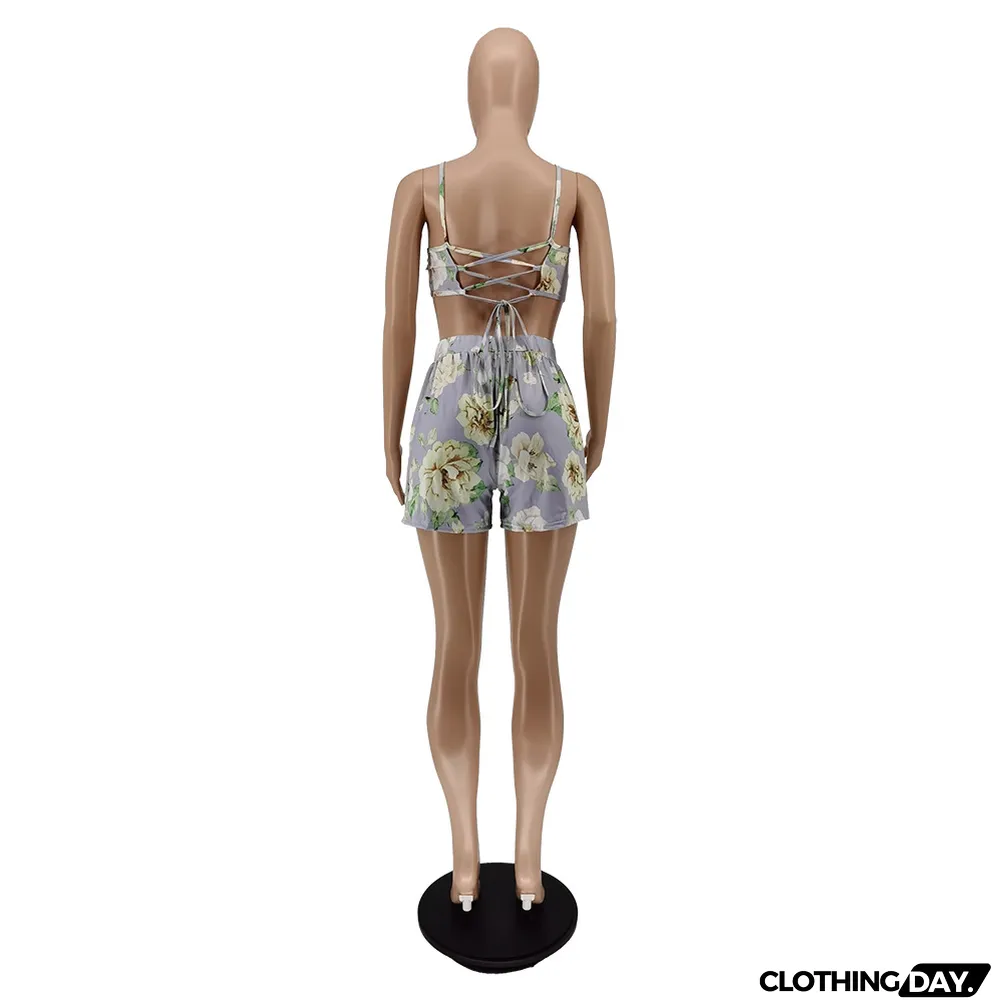 Women Clothes Summer Fall Lace-Up Strap Print Two-Piece Shorts Set
