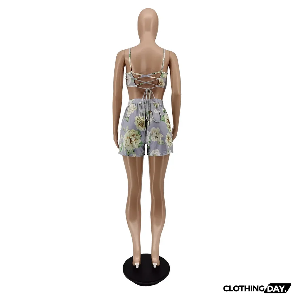 Women Clothes Summer Fall Lace-Up Strap Print Two-Piece Shorts Set