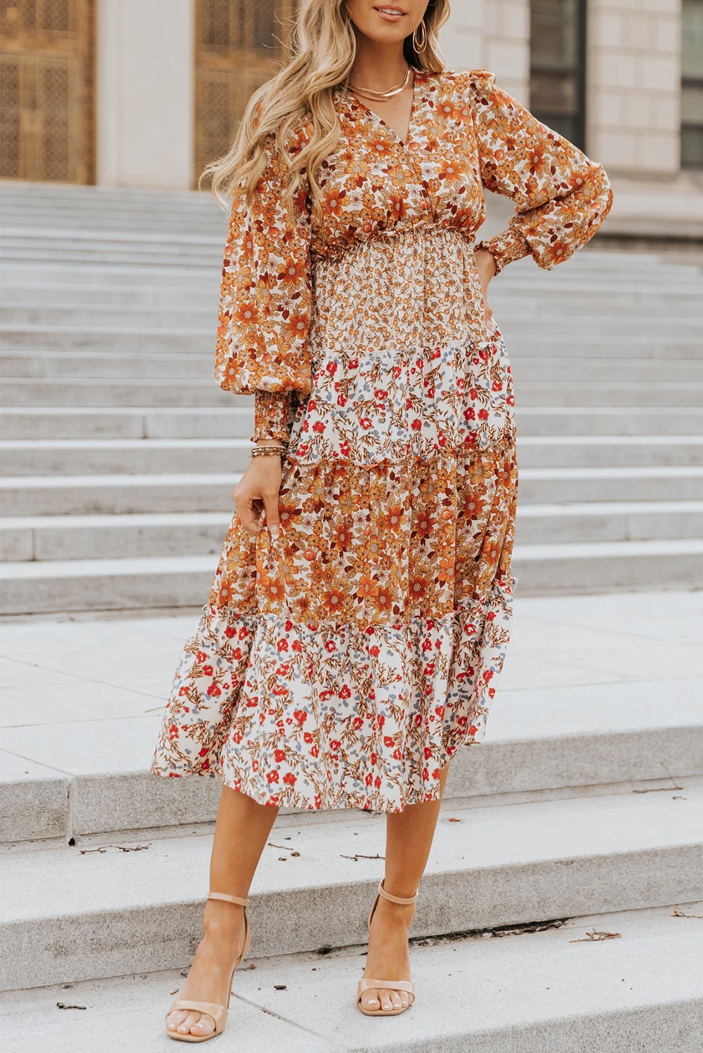 Orange Mix Floral Patchwork Frill Tiered Dress | IFYHOME