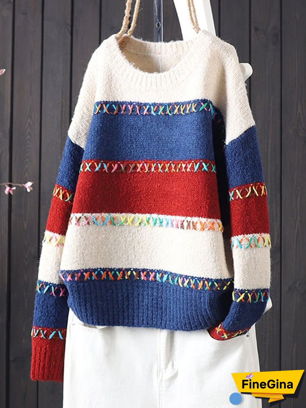 Women's Fashionable Lazy Style Handmade Thread Contrasting Round Neck Knitted Cardigan