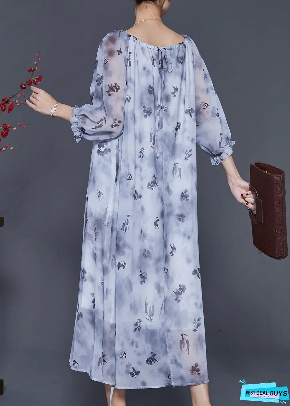 Women Grey Print Tie Dye Chiffon Long Dress Half Sleeve