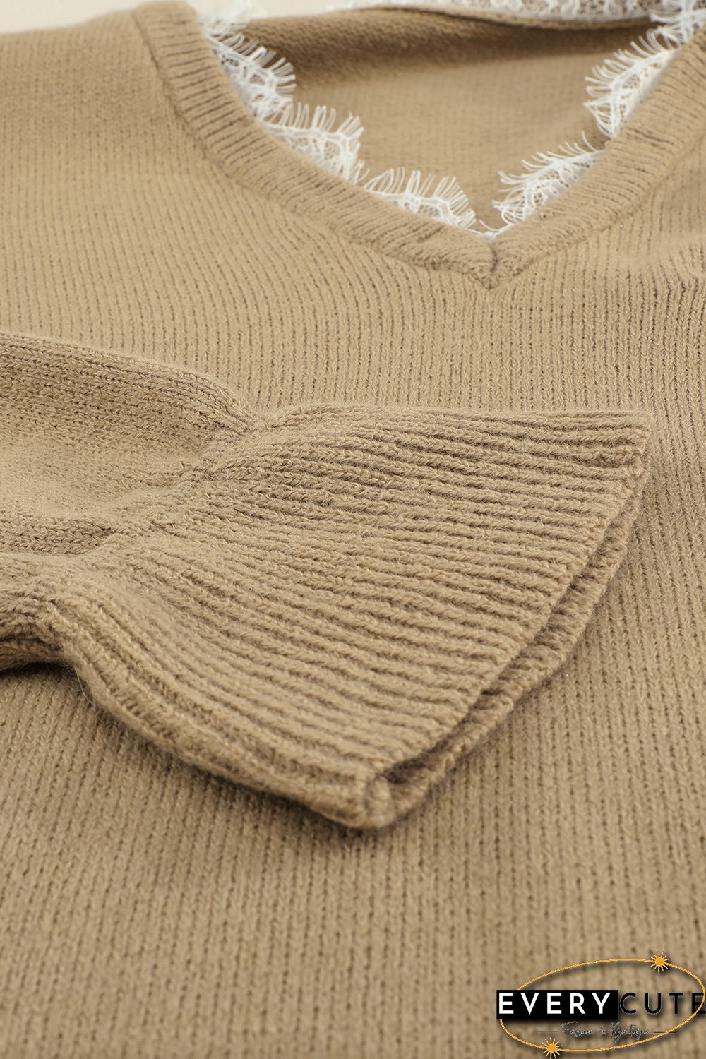 Khaki Eyelash V Neck Knitted Sweater