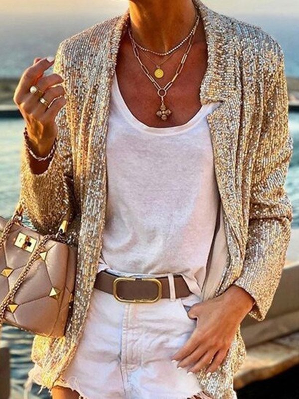 Casual Sequinned Round-Neck Long Sleeves Blazer