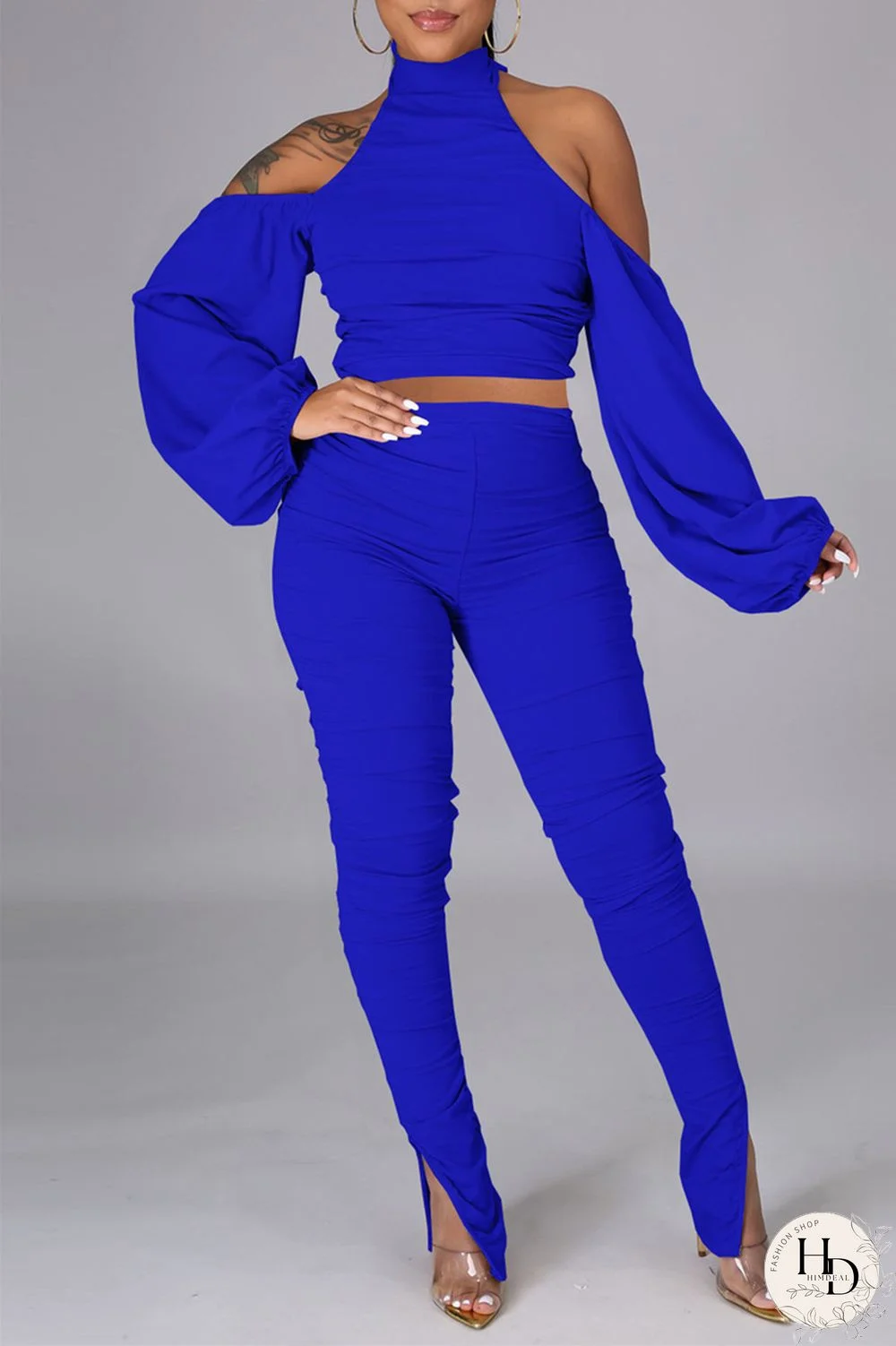 Royal Blue Sexy Solid Bandage Backless Fold Turtleneck Long Sleeve Two Pieces