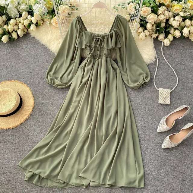 Women's Solid Color Chiffon Puff-Sleeve Summer Dress