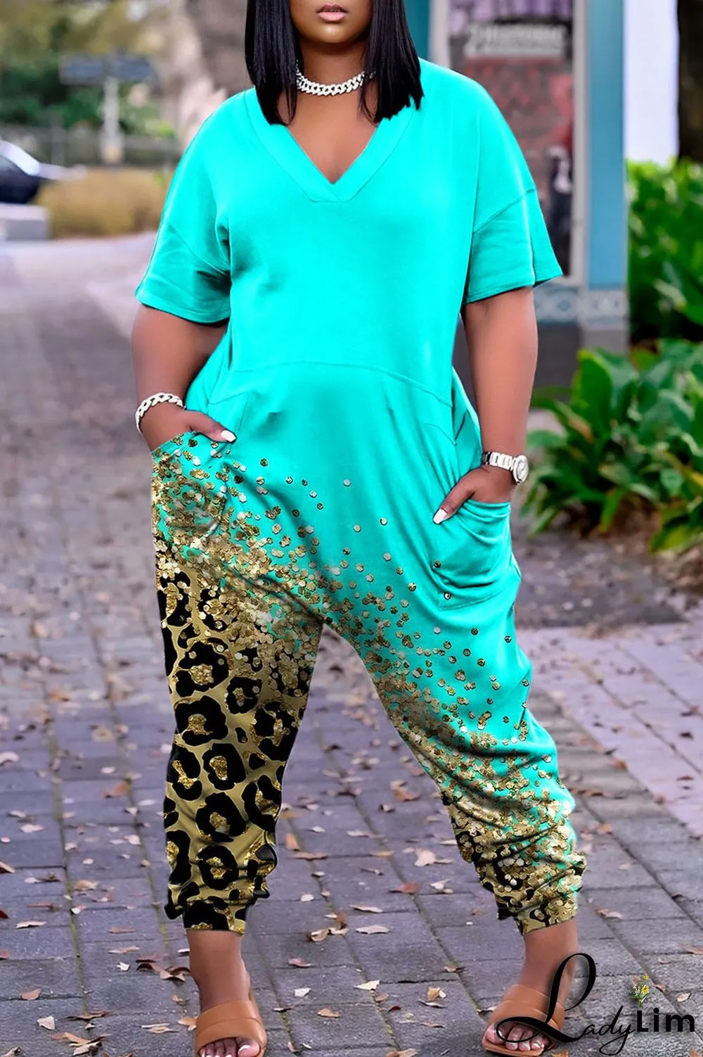 Lake Blue Street Print Patchwork V Neck Harlan Jumpsuits