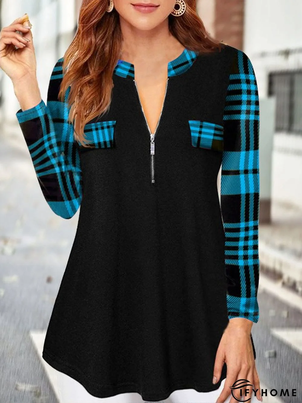 Long Sleeve V-neck Zipper Plain Geometric Plaid Tunics | IFYHOME