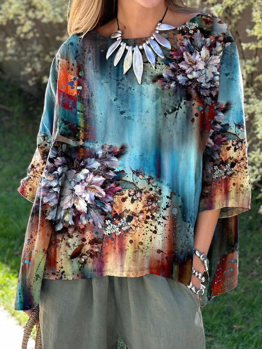 Women's Abstract Flower Print Casual Cotton And Linen Shirt