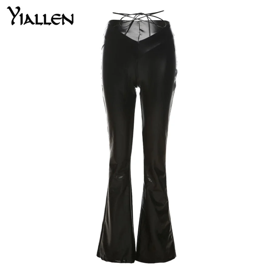 Yiallen Autumn Faux PU Leather Bandage Solid Flare Pants Women High Waist Vintage Punk All-match Trousers Streetwear Bottoms