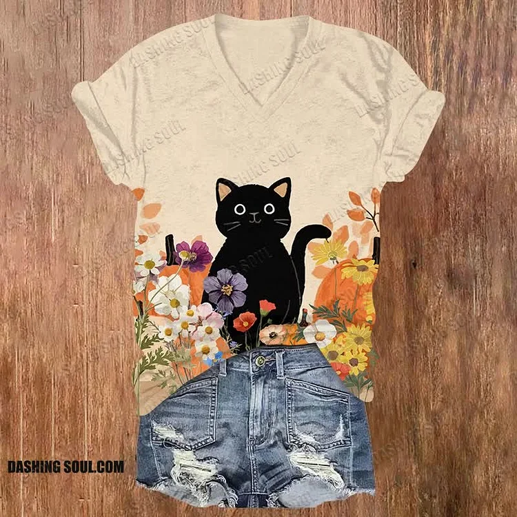 Japanese Oil Painting Black Cat & Colorful Chrysanthemum Print V-neck T-shirt