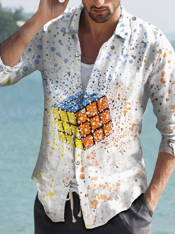 Men's cotton and linen casual printed shirt