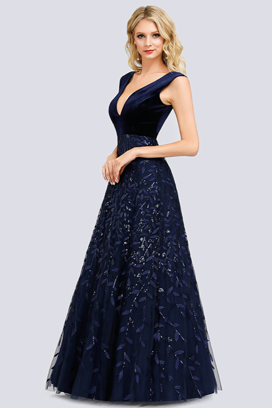 Glamorous Navy V-Neck Long Evening Prom Dress With Leaves Appliques