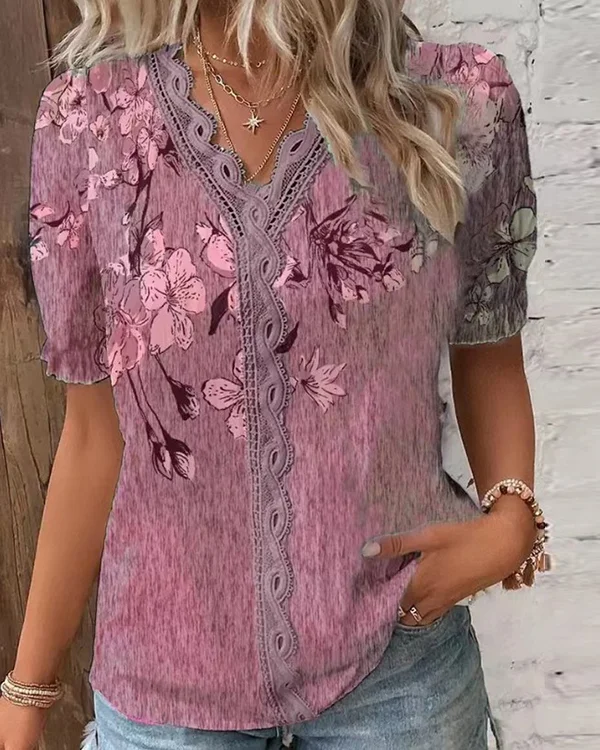 Women's Casual Printed V-neck Lace Stitching Short-sleeved T-shirt