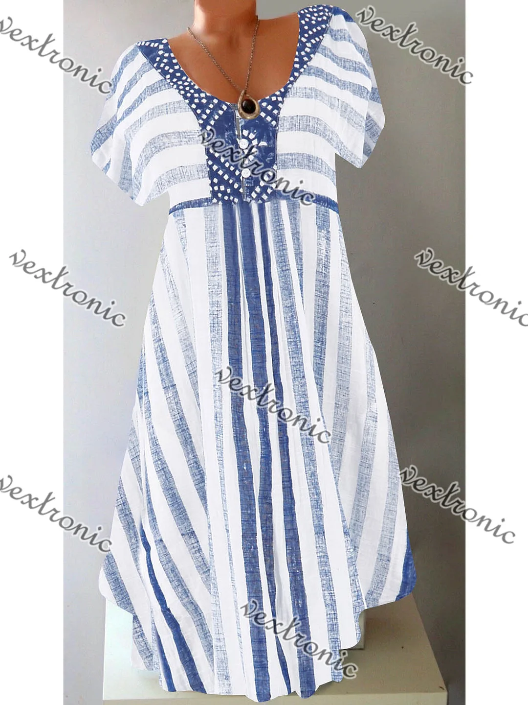 Women's Short Sleeve Scoop Neck Blue Graphic Printed Midi Dress