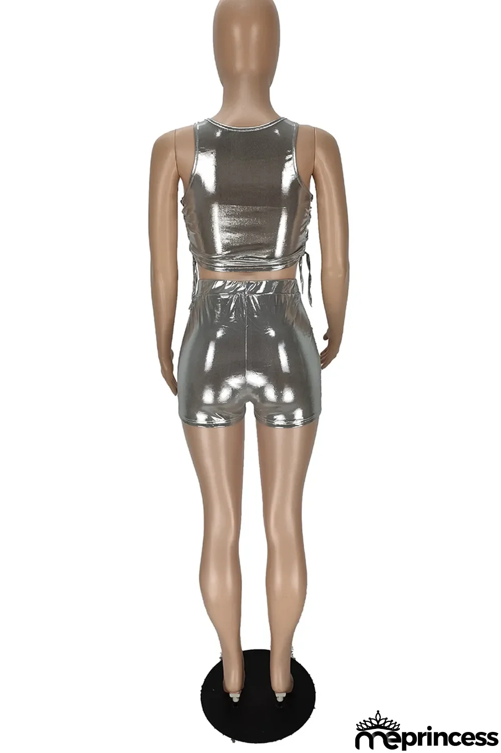 Blue Sexy Solid Bronzing Draw String O Neck Sleeveless Two Pieces