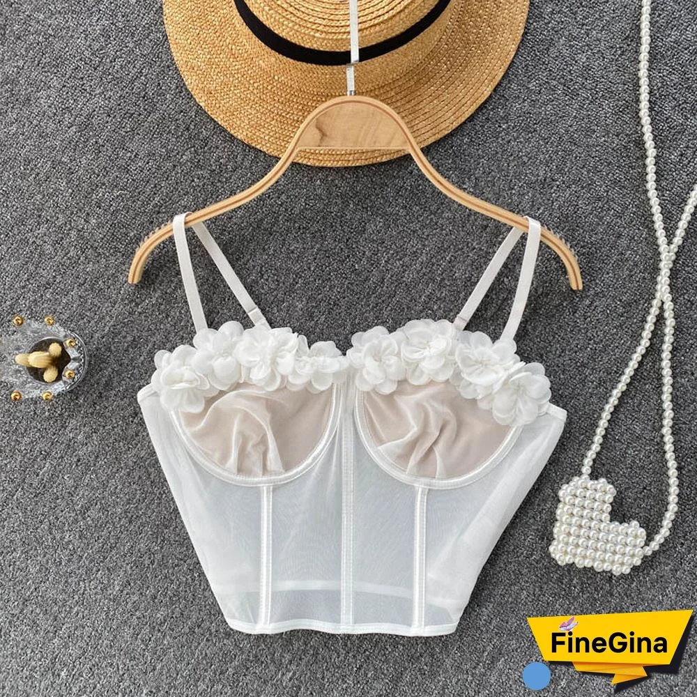 French Mesh Camisole Womens Slash Neck 3D Flower Decoration Camis Bra Sexy Perspective Backless Crop Top Female Tube Top Tanks
