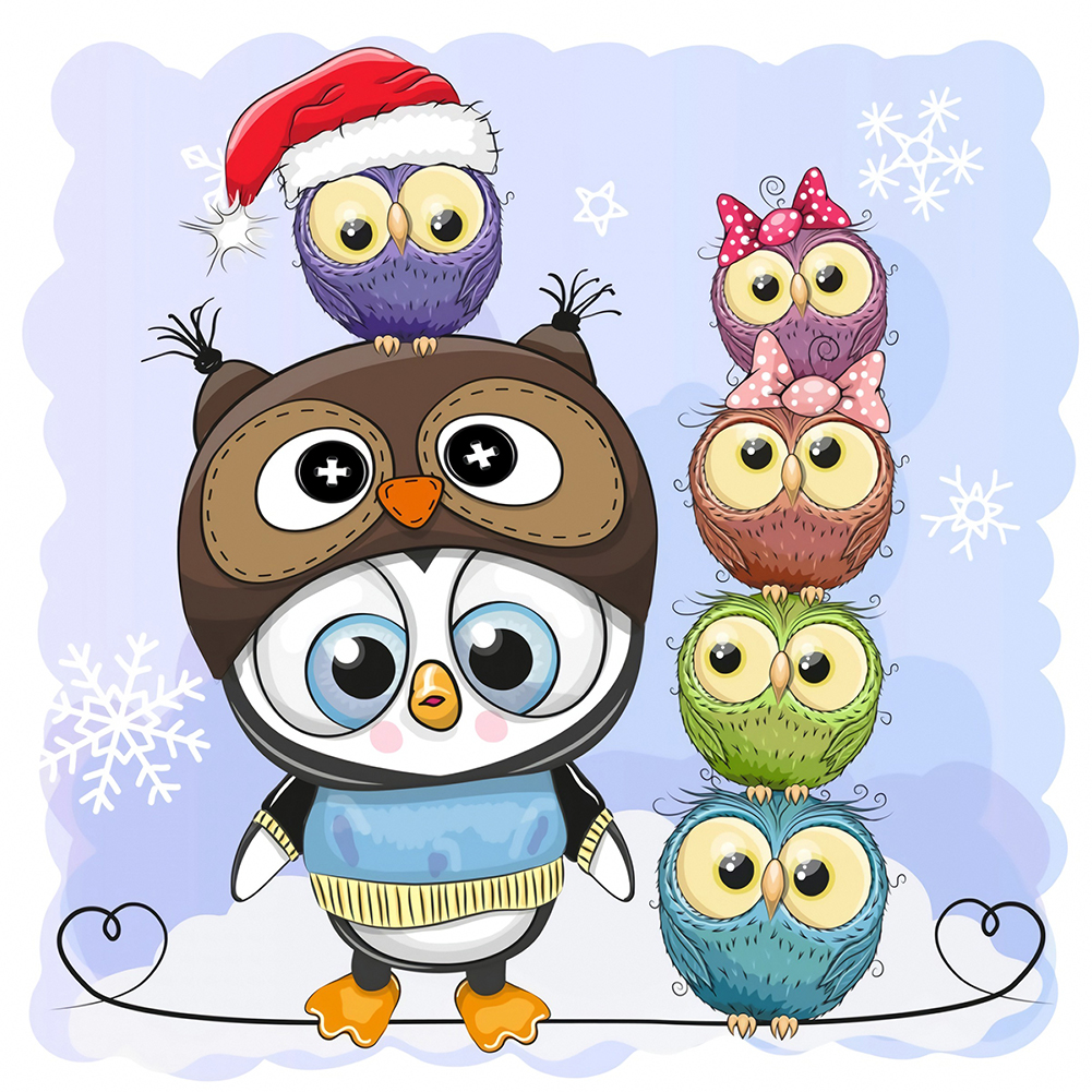 

30*30CM-Round Drill Diamond Painting-Owl and Penguin, 501 Original
