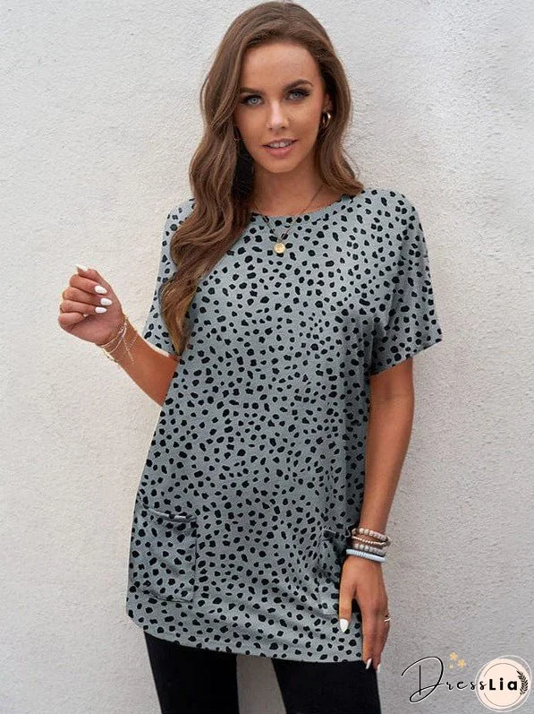 Leopard Pattern Short-Sleeved Chiffon Tee Women'S Loose Fit Pullover Top