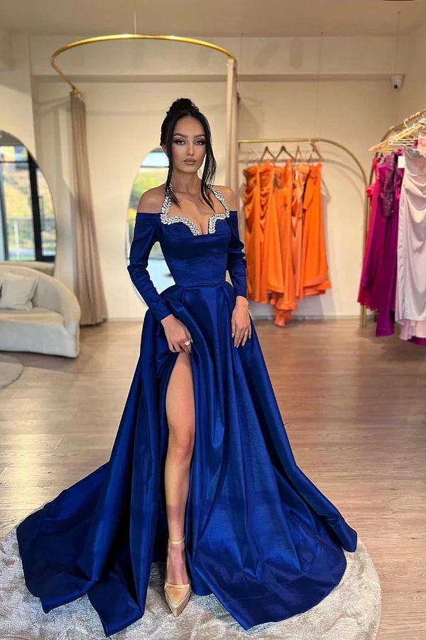 Daisda Royal Blue Long Sleeves Halter Straps A-Line Beads Prom Dress