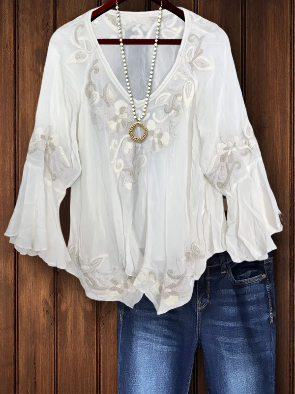 Elegant Casual Floral Embroidery Ruffle Top