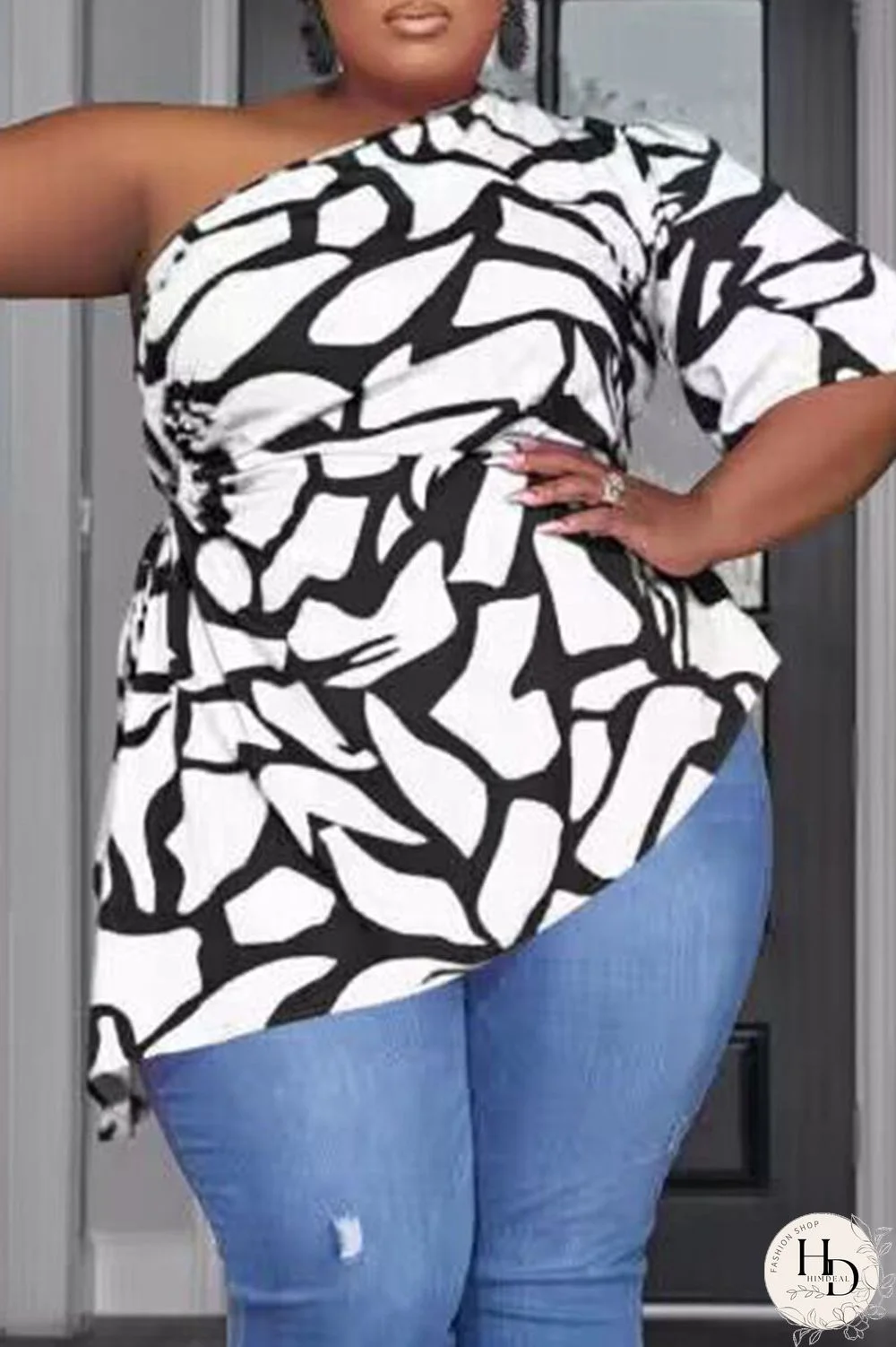 White Casual Print Bandage Hollowed Out Patchwork Asymmetrical Oblique Collar Plus Size Tops