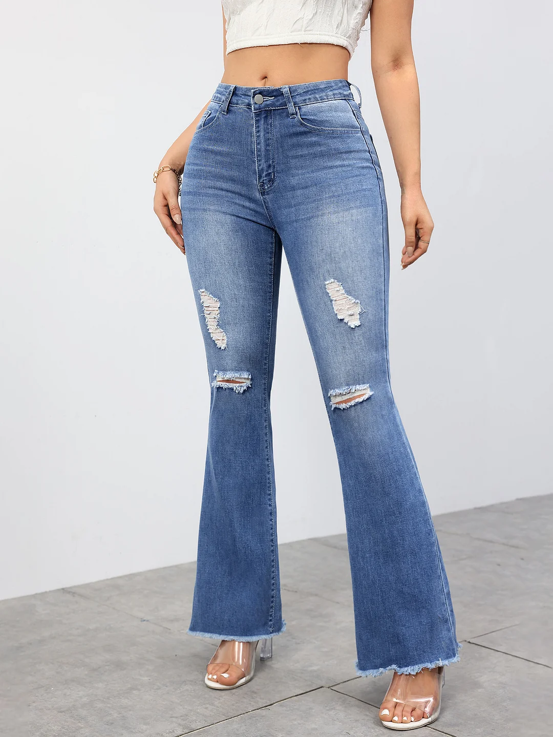 Women's Ripped Denim Pants High-stretch Bootcut High-waisted Ripped Distressed Jeans