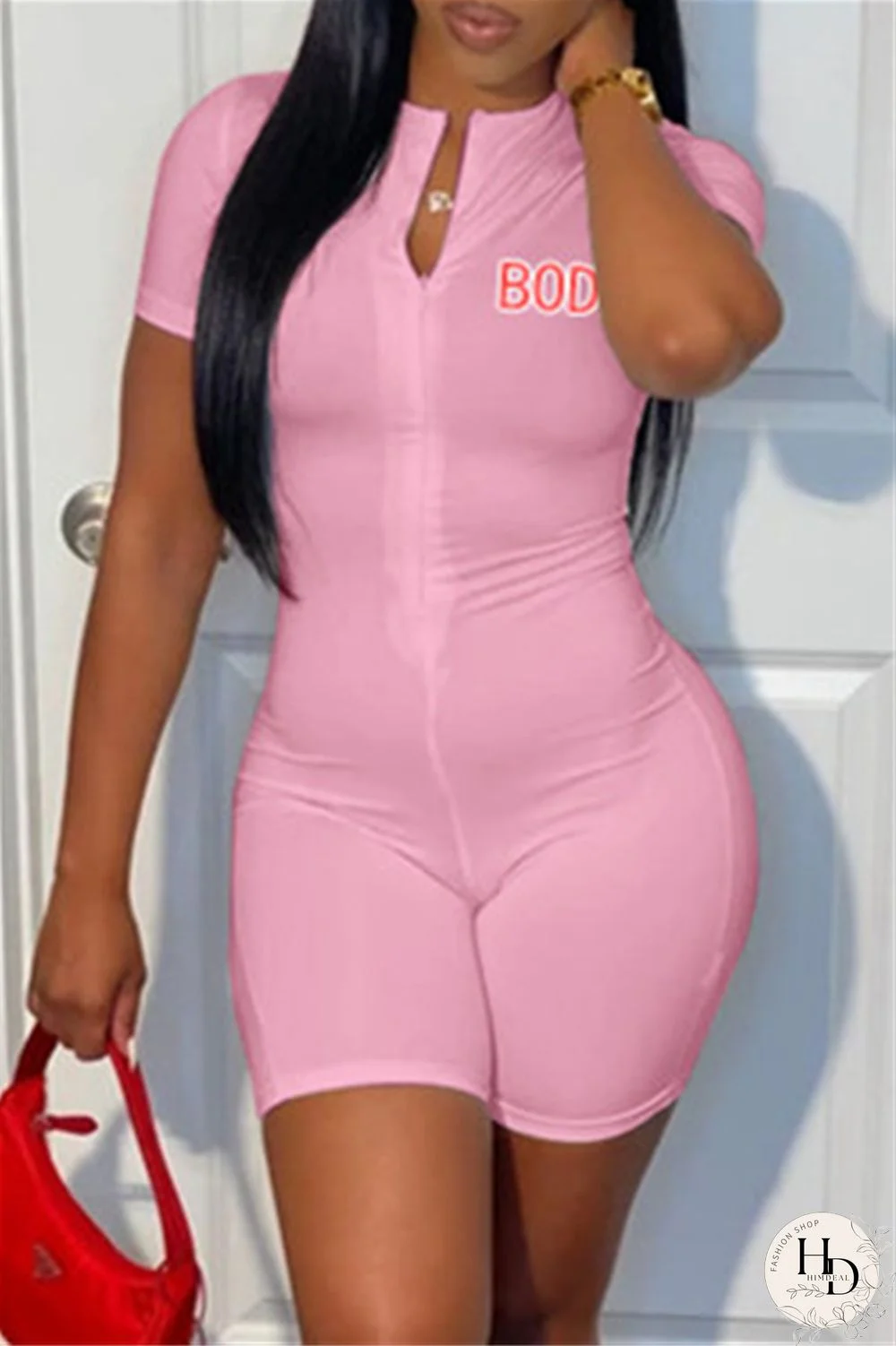 Pink Fashion Casual Letter Print Basic Zipper Collar Regular Romper