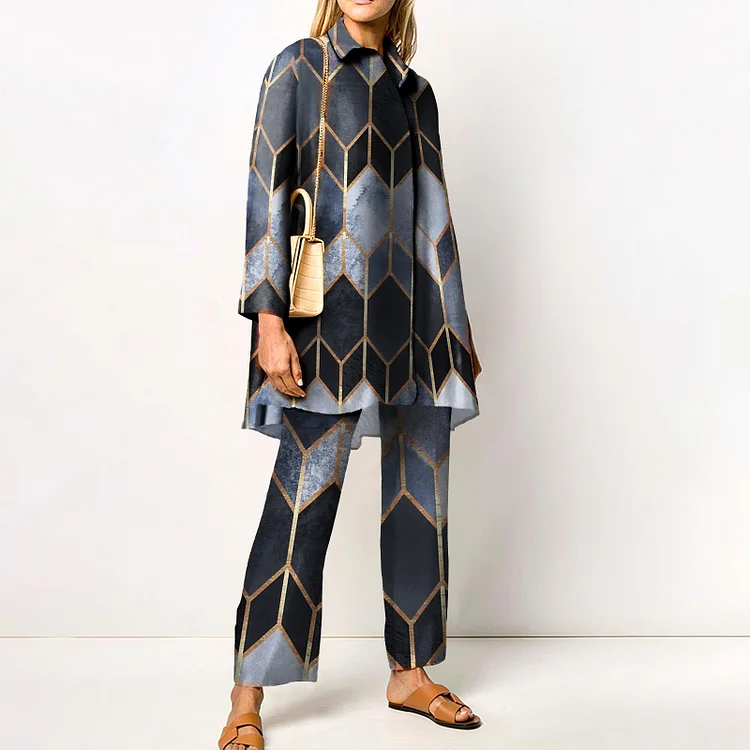 Contrasting Geometric Print Casual Two Piece Set