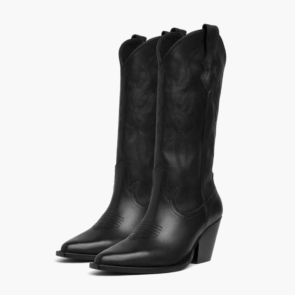 Chunky Heel Pointed Toe Pull On Western Mid Calf Boots in Black