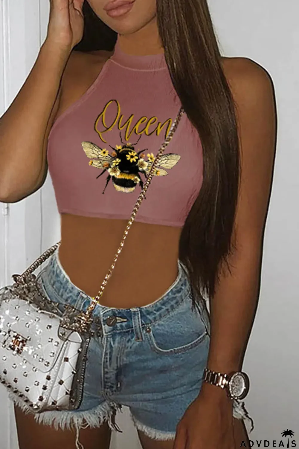 Khaki Casual Print Basic O Neck Tops