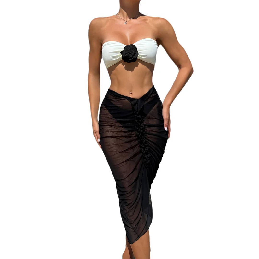 Uveng 2024 Color Sexy New Rose Three-Piece Mesh Dress Swimsuit Bikini